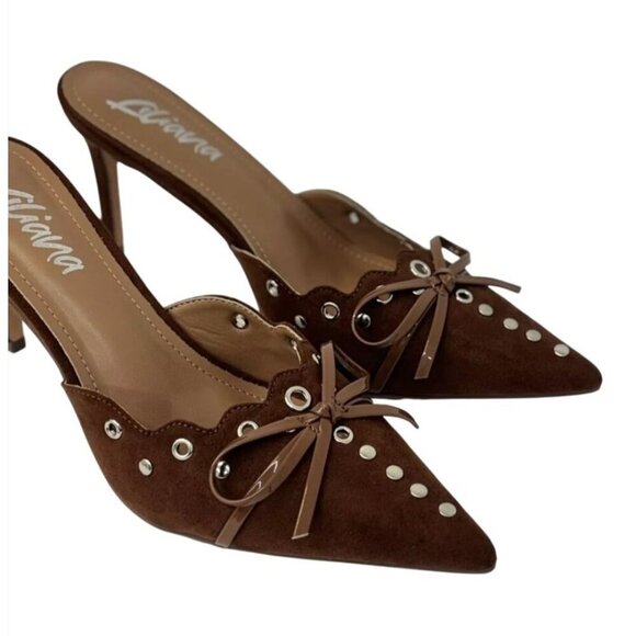 LILIANA / Caprice-2 / Brown / Suede / Pointed-Toe / Heeled Mules /  With Studded - Picture 2 of 8